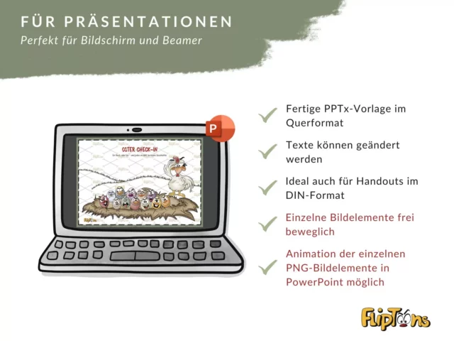PowerPoint-Vorlage mit Cartoon-Hühnern, Laptop-Grafik und Funktionsbeschreibung für Präsentationen