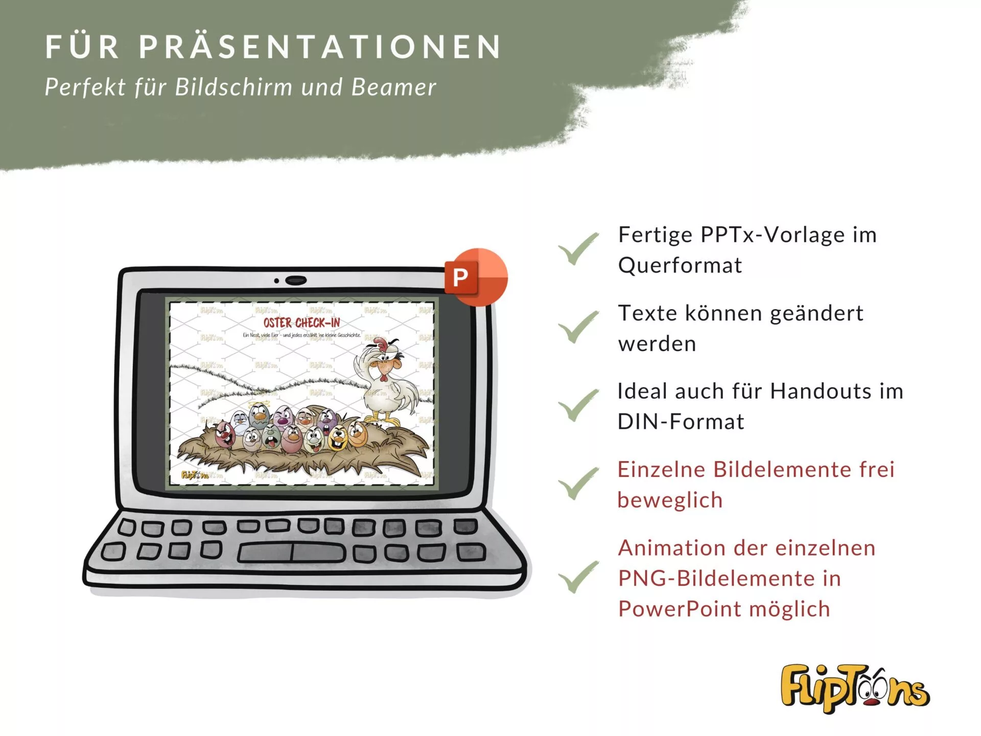 PowerPoint-Vorlage mit Cartoon-Hühnern, Laptop-Grafik und Funktionsbeschreibung für Präsentationen