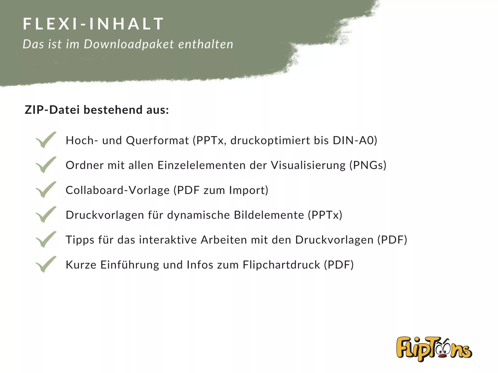 Flexi-Inhalt Downloadpaket mit Übersicht der enthaltenen ZIP-Dateien für Präsentationen und Druckvorlagen