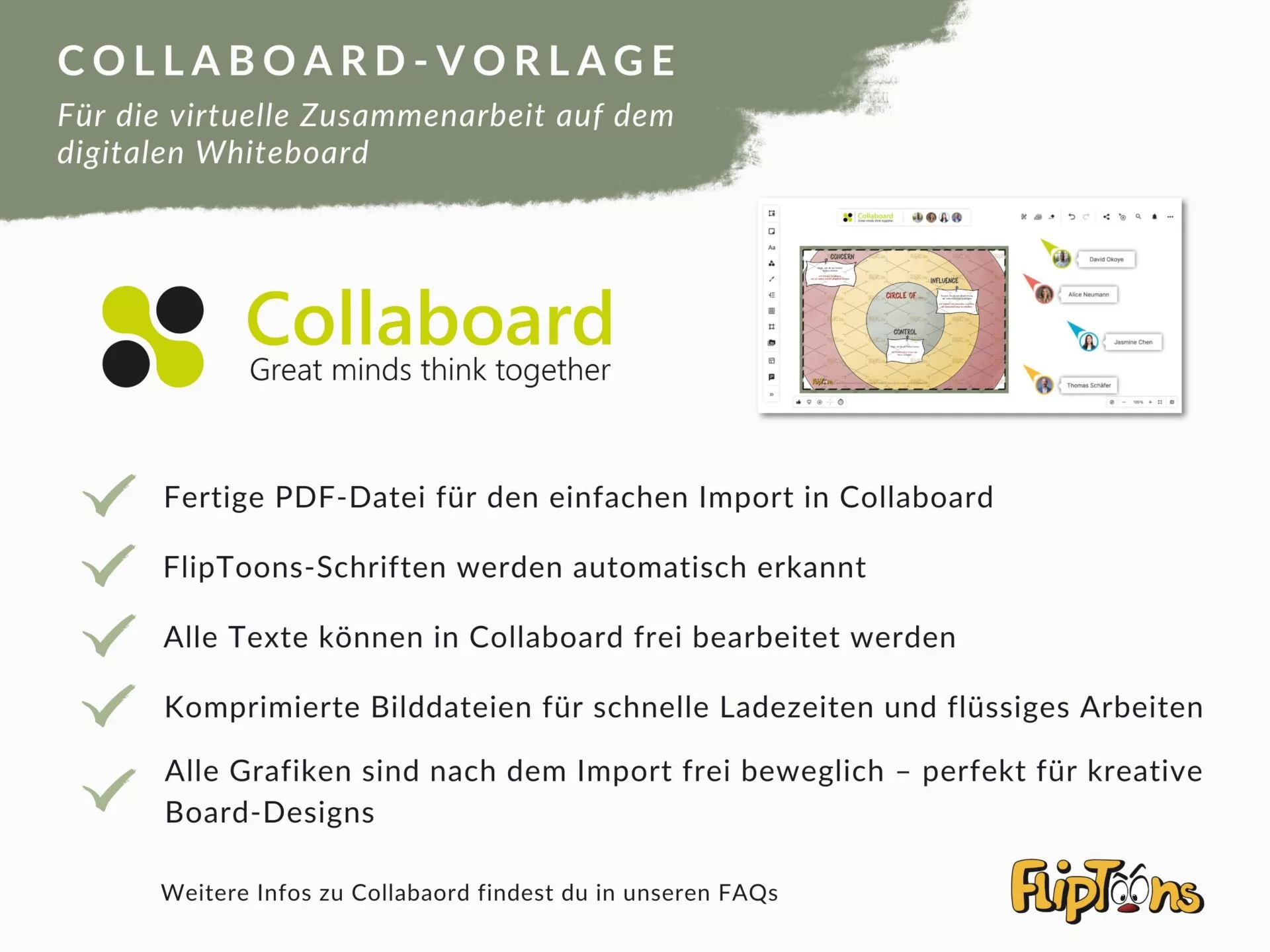 Collaboard-Vorlage für virtuelle Zusammenarbeit: Logo, digitales Whiteboard-Interface und Funktionsbeschreibungen