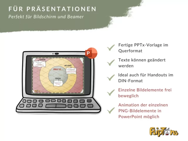PowerPoint-Vorlage für Präsentationen mit Kreisdiagramm auf Laptop, zeigt Funktionen wie Textbearbeitung und Animationen