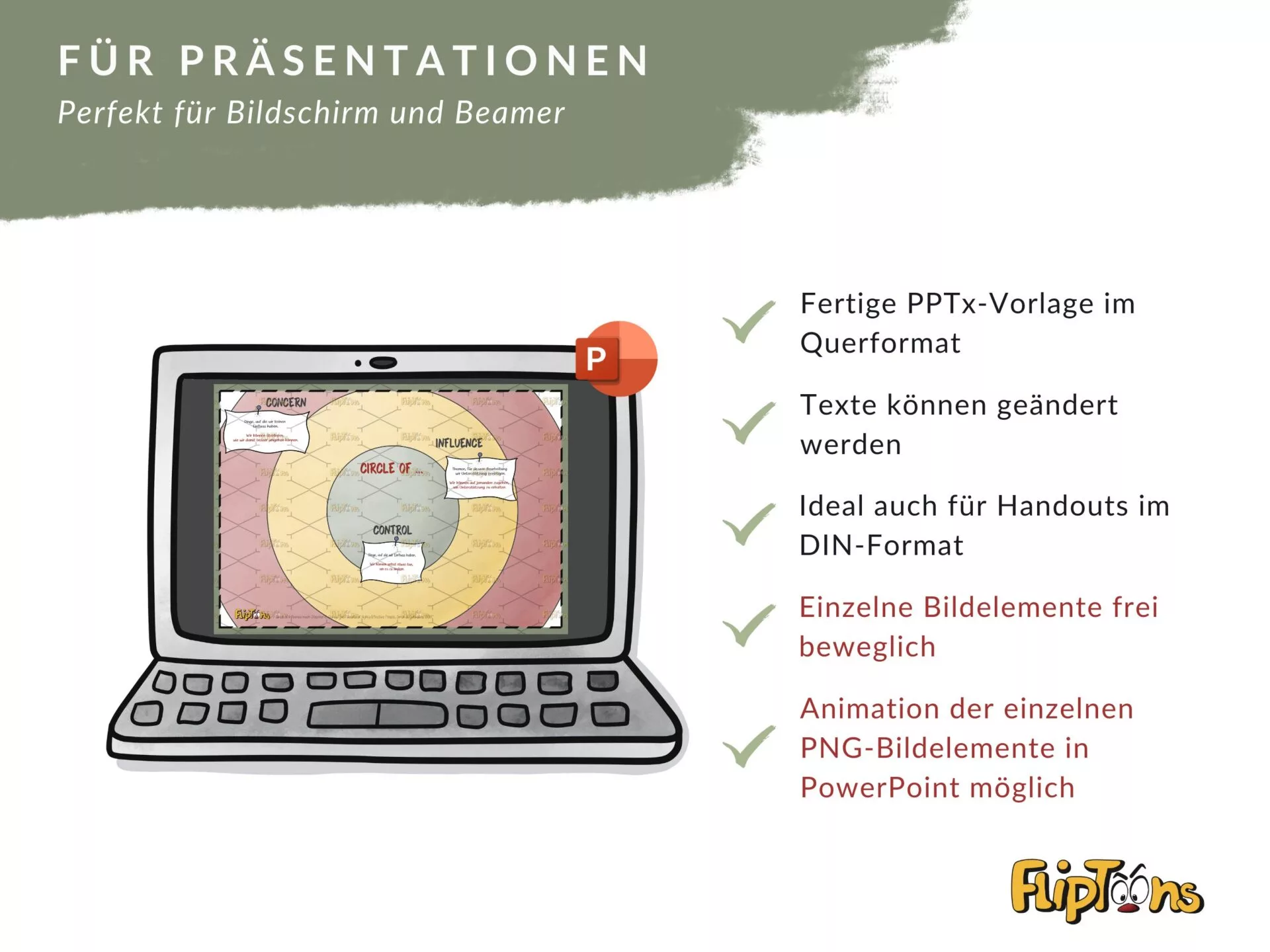 PowerPoint-Vorlage für Präsentationen mit Kreisdiagramm auf Laptop, zeigt Funktionen wie Textbearbeitung und Animationen