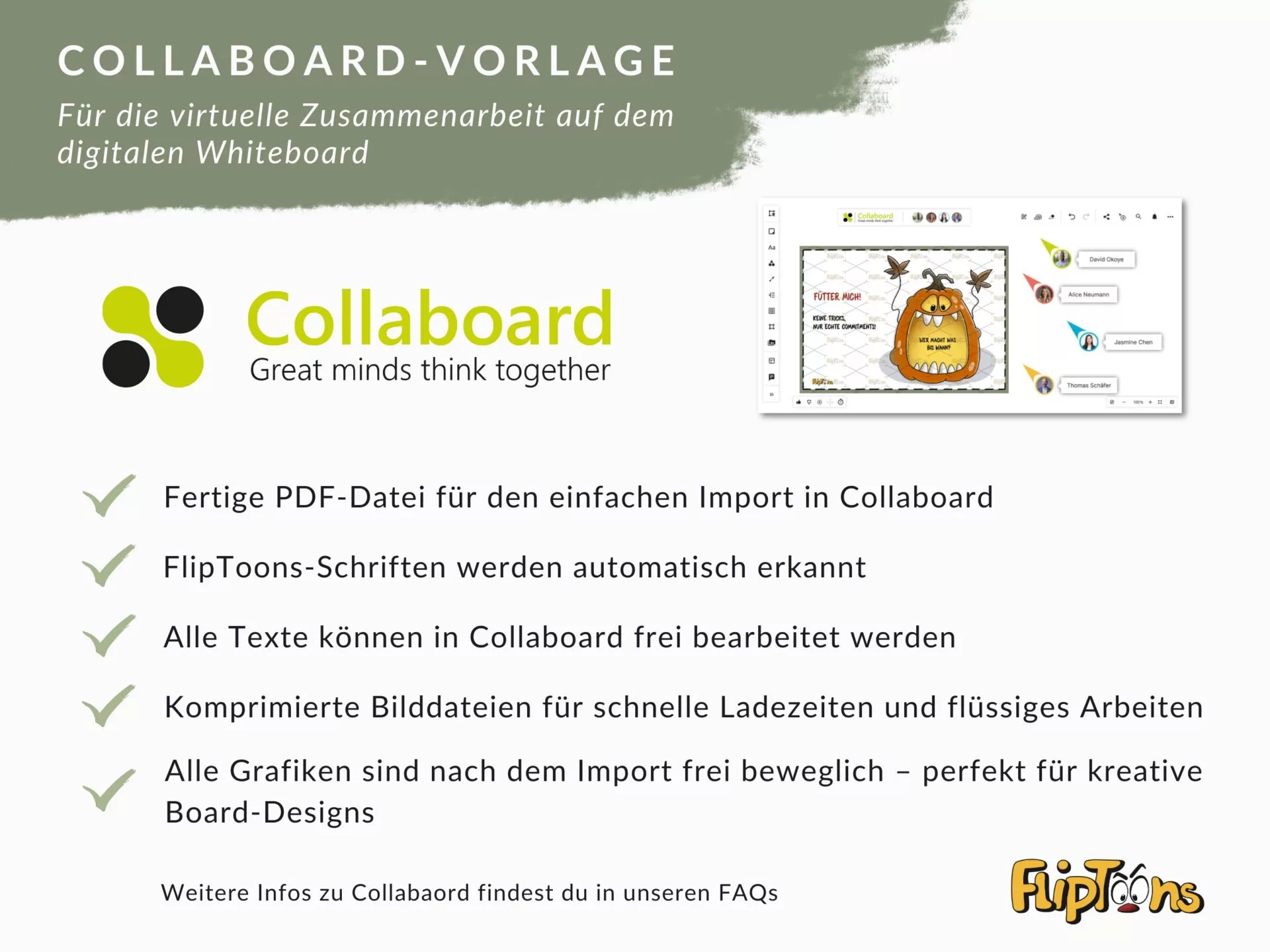 Collaboard-Vorlage für virtuelle Zusammenarbeit: Digitales Whiteboard mit FlipToons-Funktionen und Produktmerkmalen