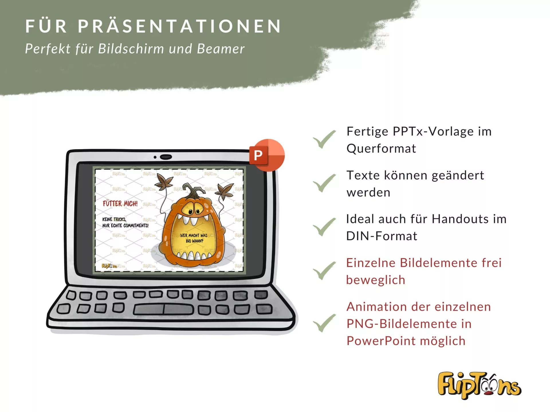 PowerPoint-Vorlage mit orangefarbener Cartoon-Monsterillustration auf Laptop, zeigt Produktmerkmale für Präsentationen