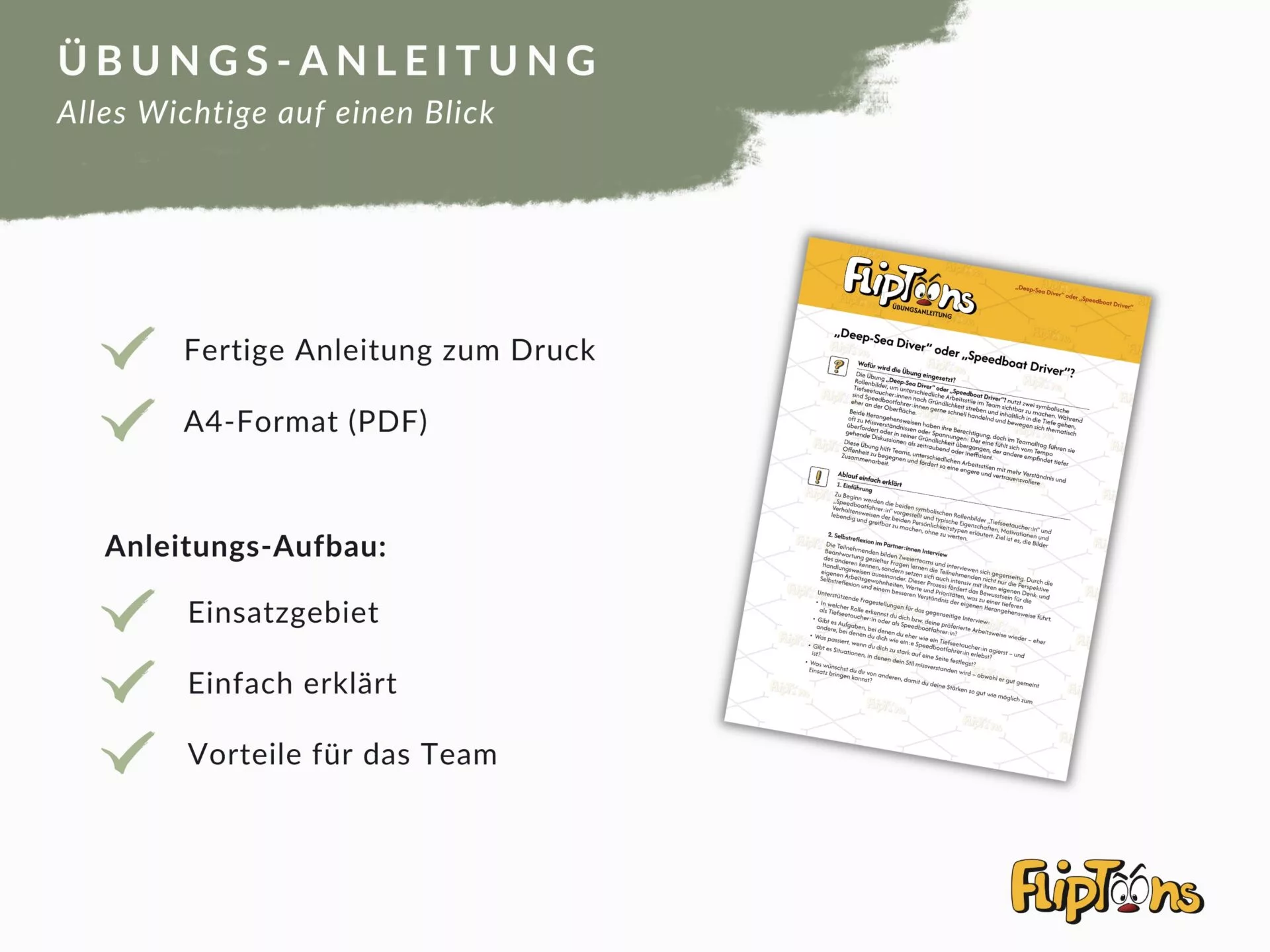 Übungsanleitung im A4-Format für FlipToons, mit Häkchen für fertige Druckanleitung, Einsatzgebiet und Teamvorteile