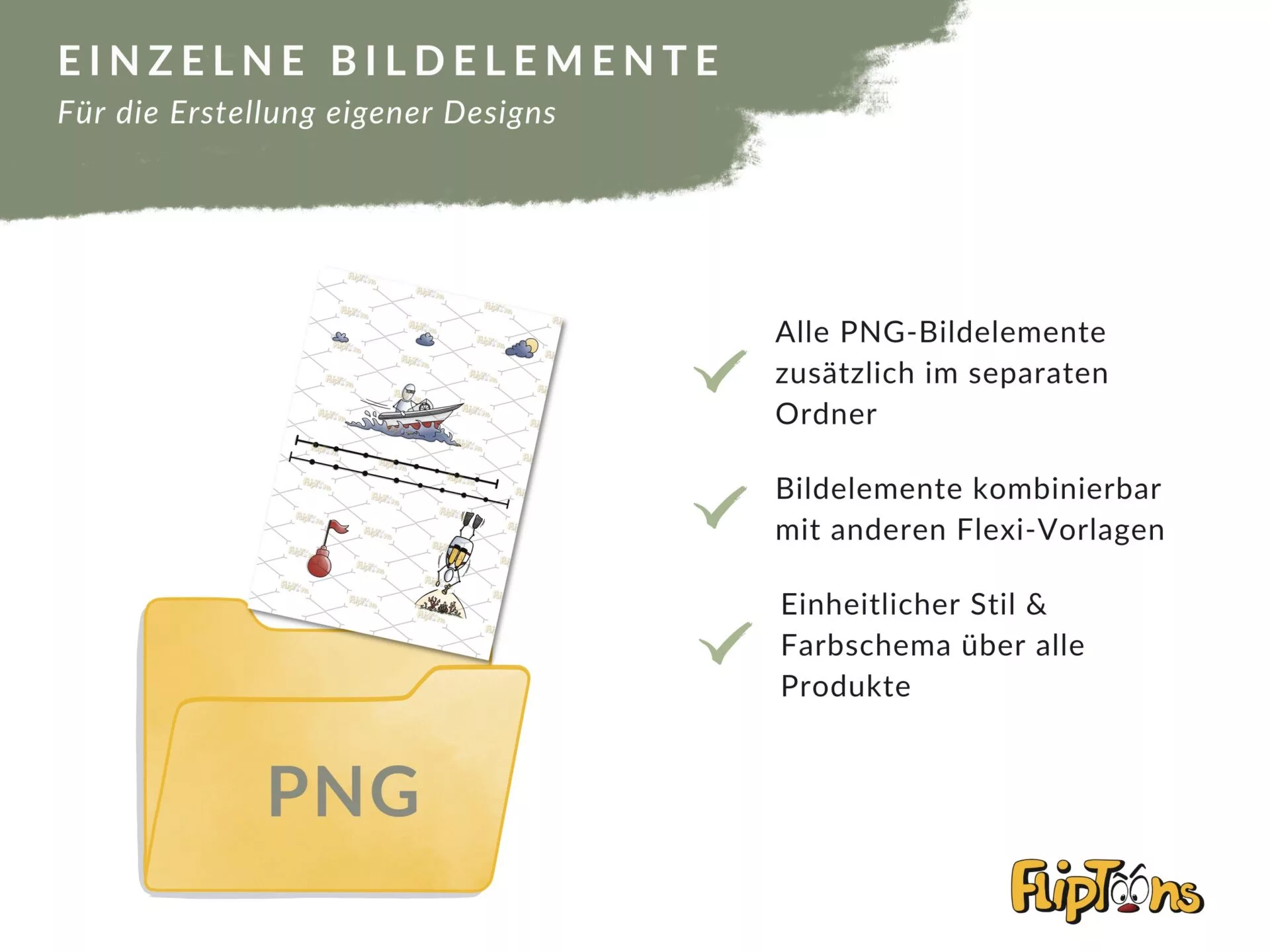 PNG-Bildelemente in gelbem Ordner, Cartoon-Illustration mit Boot und Wolken, Vorteile für Designerstellung aufgelistet