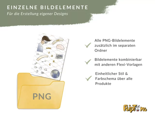 PNG-Ordner mit Bildelementen für Design-Vorlagen, zeigt Eigenschaften wie separate Speicherung und einheitlichen Stil