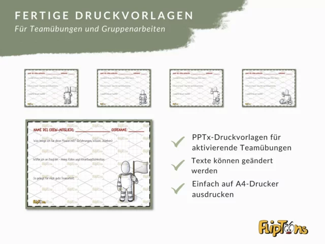 Vorlagen für Teamübungen mit Astronauten-Illustrationen, PPTx-Druckvorlagen für aktivierende Teamarbeit