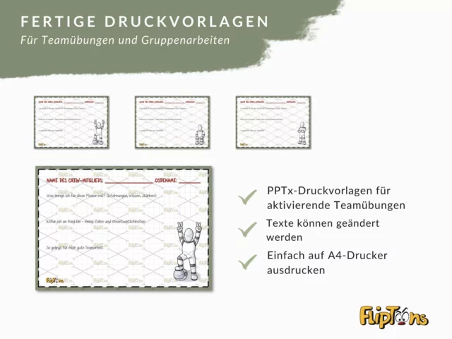 Fertige Druckvorlagen für Teamübungen mit Roboter-Charakteren, A4-Format, mit Häkchen für aktivierende Teamarbeit