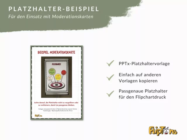Beispiel einer Moderationskarte mit Feedback-Kreisen und Platzhalter-Eigenschaften für Flipchart-Druck