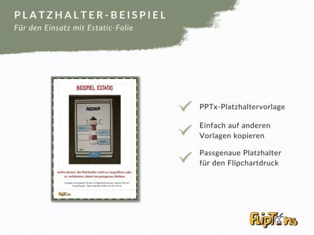 Beispiel-Platzhalter-Folie mit Leuchtturm-Design für PPTx-Vorlagen, mit Checkmarks zu Verwendungsmöglichkeiten