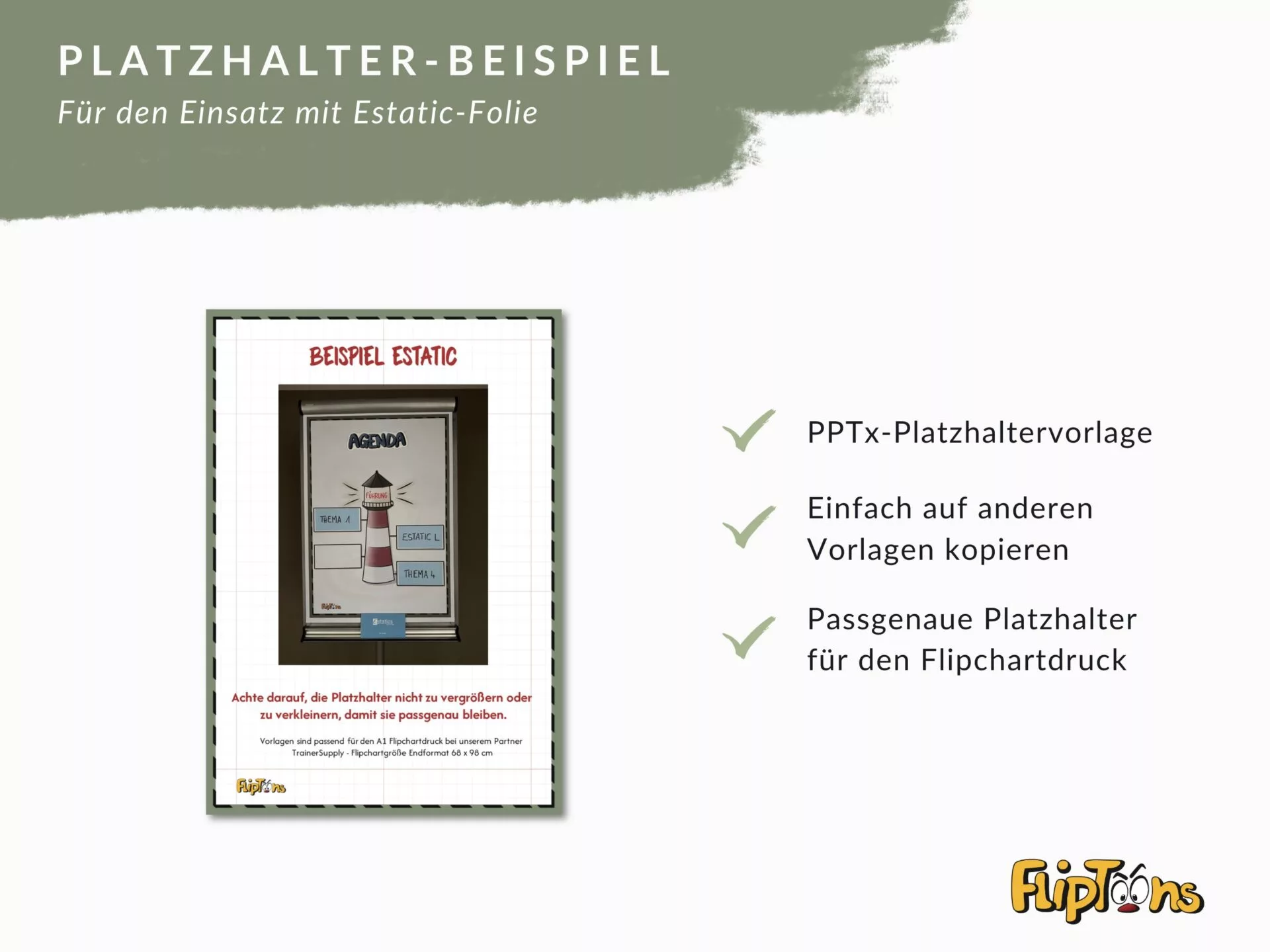 Beispiel-Platzhalter-Folie mit Leuchtturm-Design für PPTx-Vorlagen, mit Checkmarks zu Verwendungsmöglichkeiten