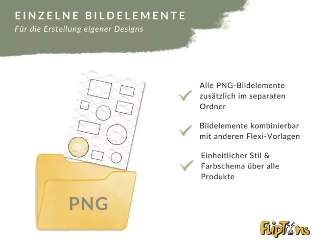 Gelber PNG-Ordner mit Dokumenten und Grafiken, zeigt Design-Elemente für Flexi-Vorlagen mit Häkchen zu Vorteilen