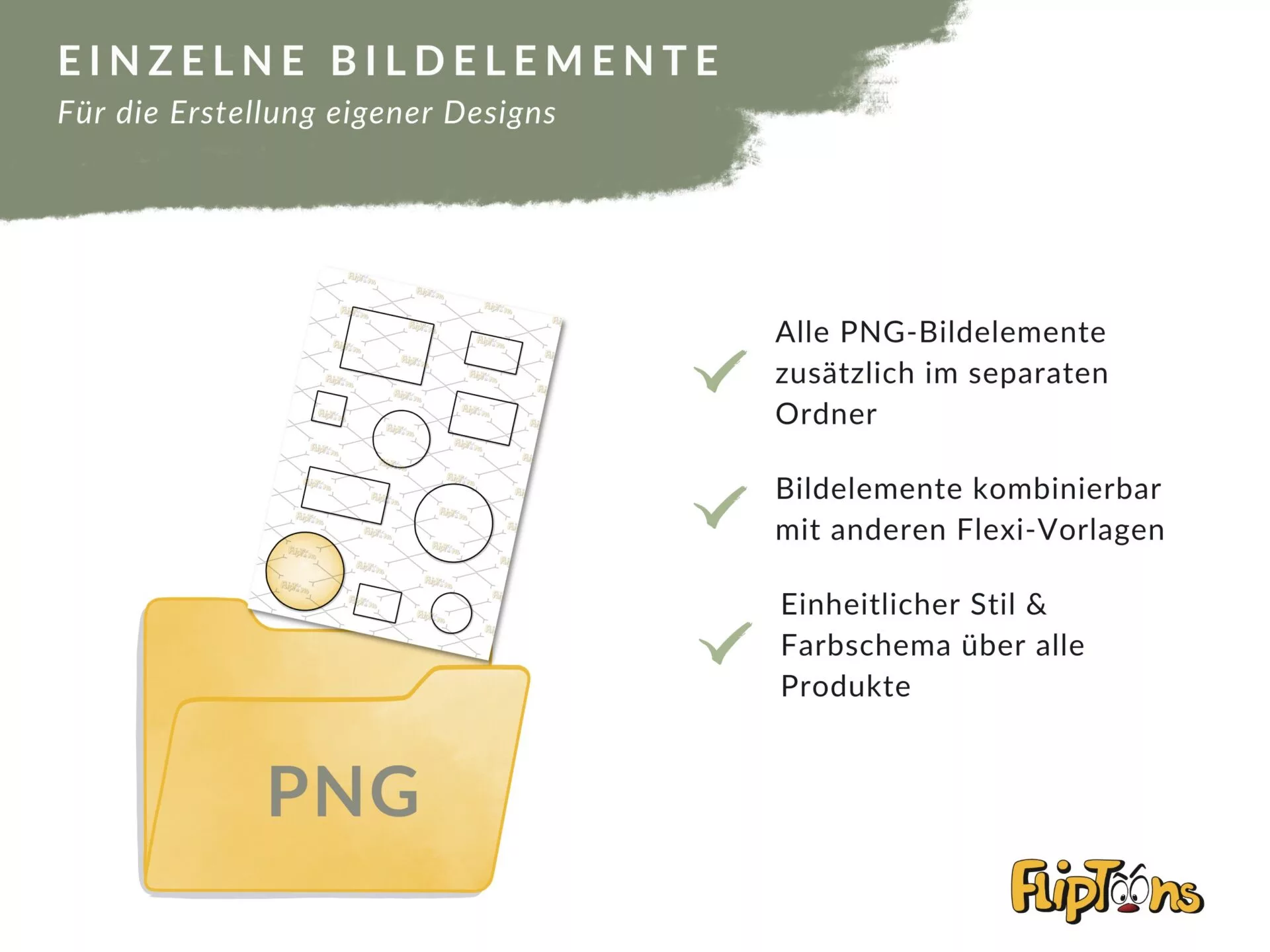 Gelber PNG-Ordner mit Dokumenten und Grafiken, zeigt Design-Elemente für Flexi-Vorlagen mit Häkchen zu Vorteilen