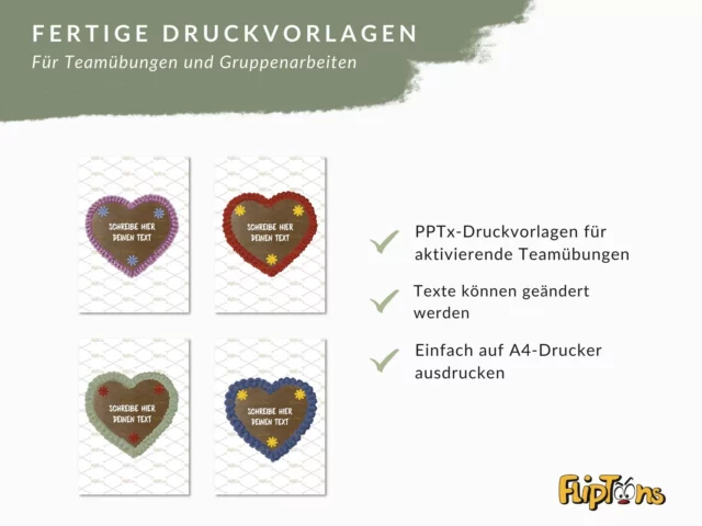 Vier Herz-Vorlagen in verschiedenen Farben mit Platz für individuellen Text, für Teamübungen und Gruppenarbeiten
