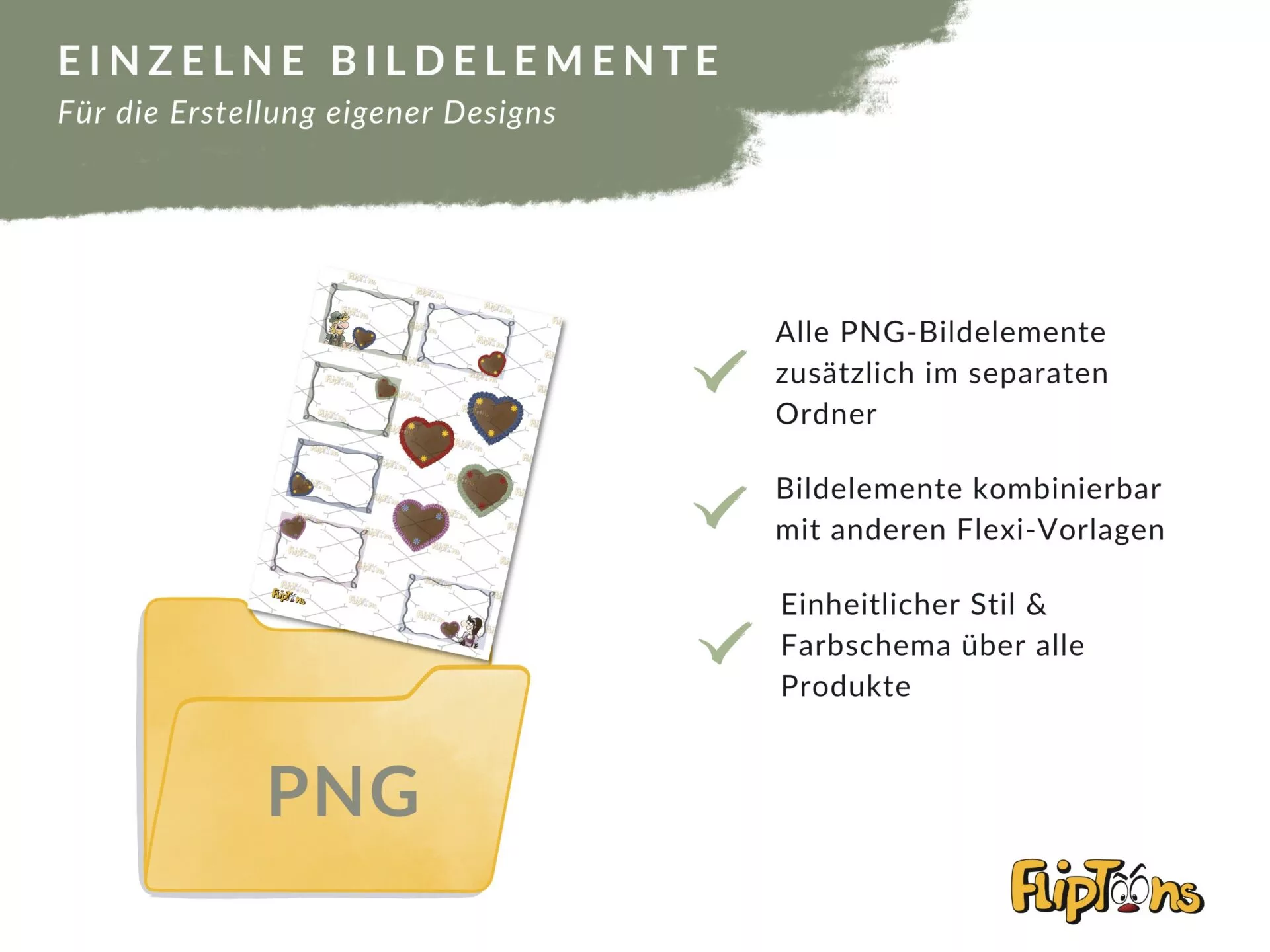 PNG-Ordner mit Bildlementen wie Herzen und Rahmen, mit Vorteilen wie separater Speicherung, Kombinierbarkeit und einheitlichem Stil