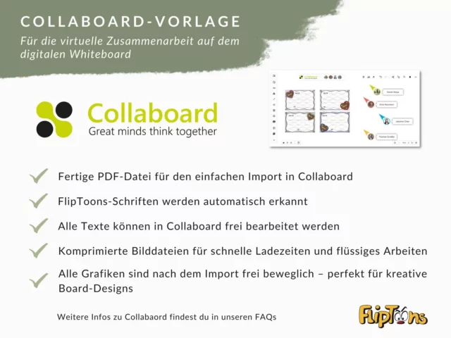 Collaboard-Vorlage für virtuelle Zusammenarbeit mit digitalen Whiteboard-Funktionen und FlipToons-Schriftarten