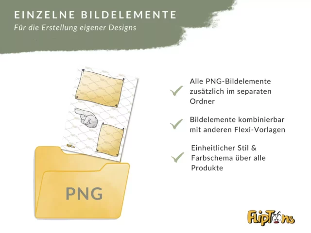 Gelber PNG-Ordner mit Bildelementen, zeigt Vorteile für Design-Erstellung: separate Ablage, Kombinierbarkeit und einheitlicher Stil