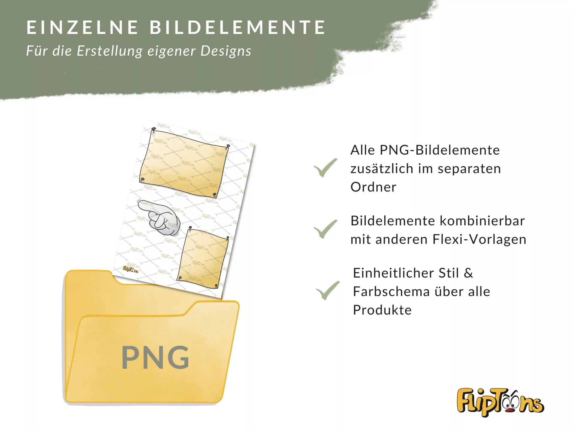 Gelber PNG-Ordner mit Bildelementen, zeigt Vorteile für Design-Erstellung: separate Ablage, Kombinierbarkeit und einheitlicher Stil