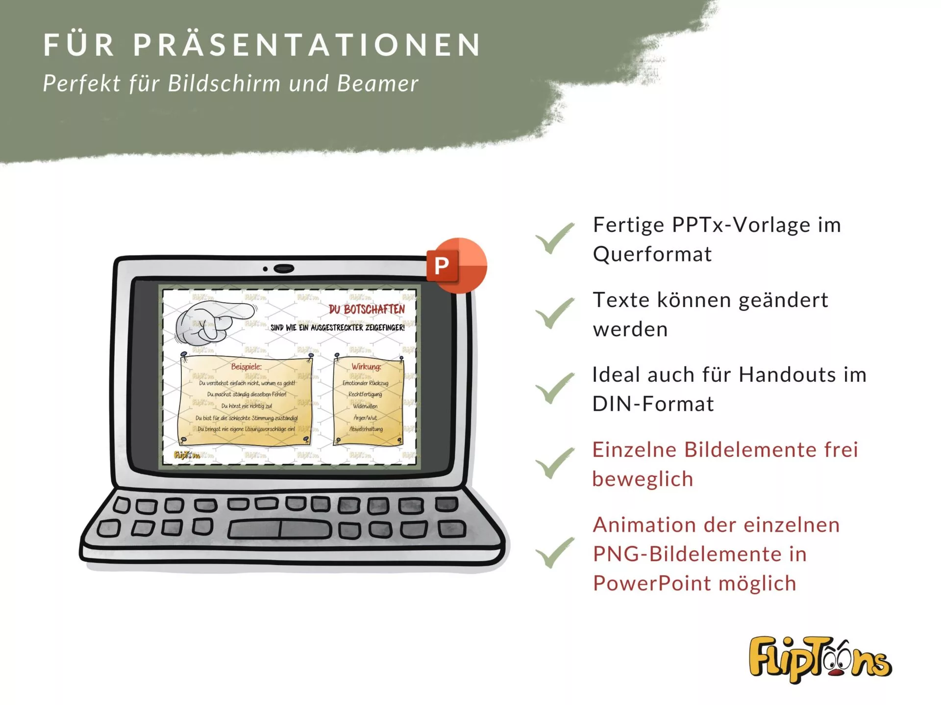 PowerPoint-Vorlage auf einem Laptop mit Präsentationsmerkmalen wie Querformat, editierbare Texte und Animationsmöglichkeiten