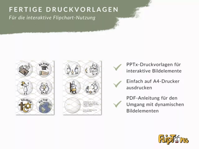 Fertige Druckvorlagen für interaktive Flipchart-Nutzung mit Cartoon-Illustrationen zu Bildung, Religion und Kultur