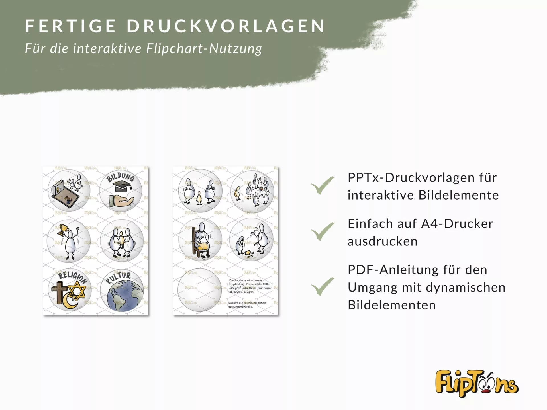 Fertige Druckvorlagen für interaktive Flipchart-Nutzung mit Cartoon-Illustrationen zu Bildung, Religion und Kultur