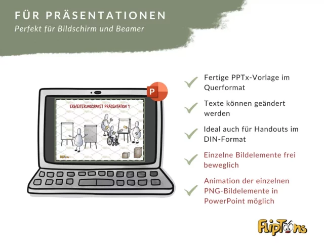 PowerPoint-Vorlage auf Laptop-Bildschirm mit Präsentationsszene und Features wie Querformat und Animationsmöglichkeiten