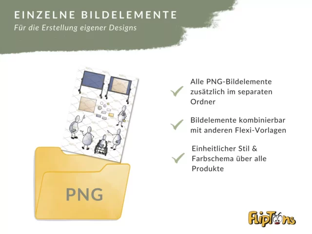 Gelber PNG-Ordner mit Designelementen und Checkmarks für separate Bildelemente, einheitlichen Stil und Kombinierbarkeit