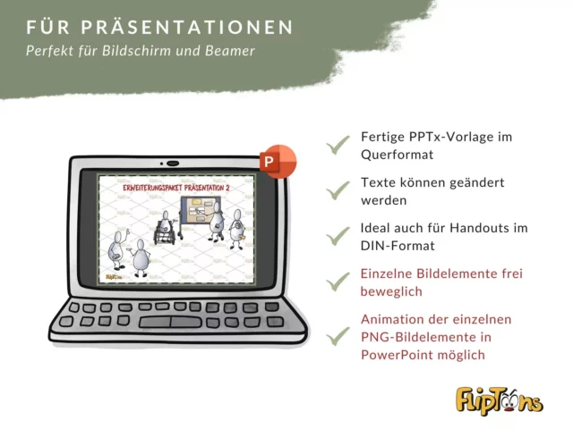 PowerPoint-Präsentation auf einem Laptop mit Cartoon-Figuren, zeigt Vorteile einer Präsentationsvorlage für Bildschirm und Beamer