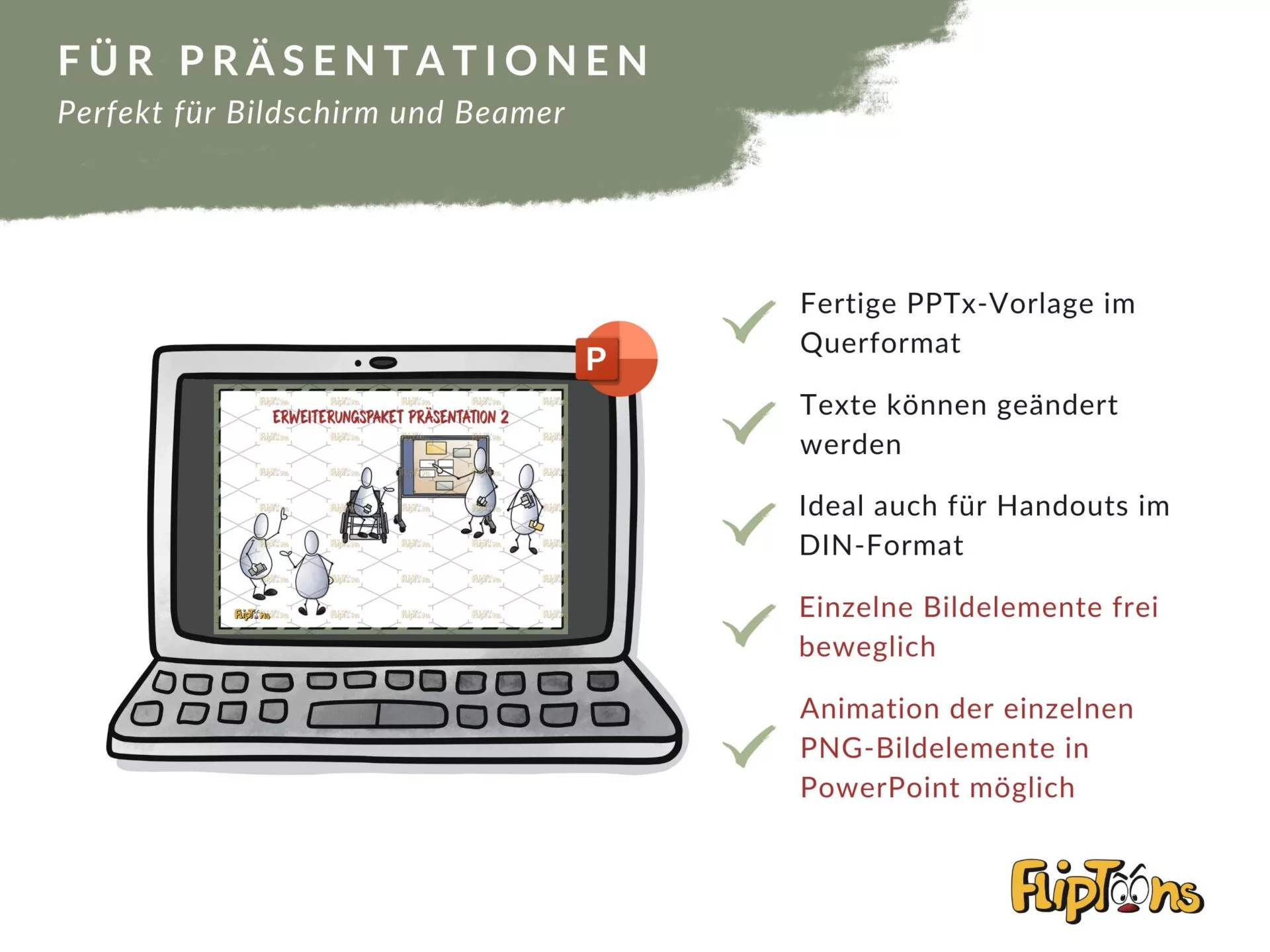 PowerPoint-Präsentation auf einem Laptop mit Cartoon-Figuren, zeigt Vorteile einer Präsentationsvorlage für Bildschirm und Beamer
