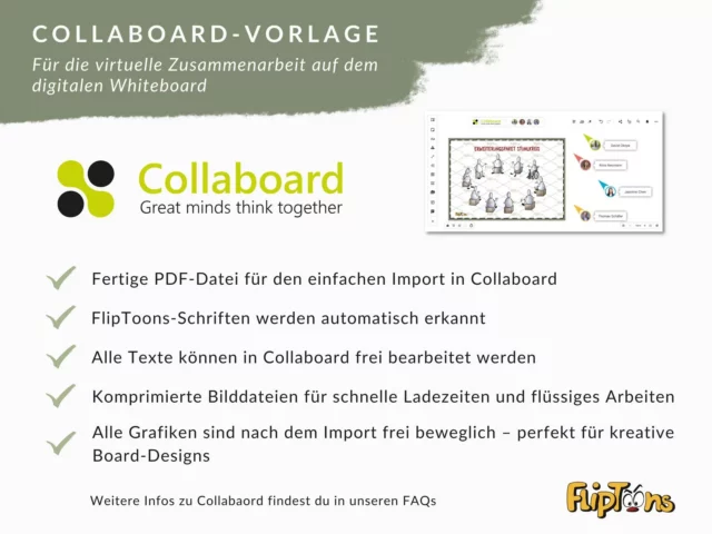 Collaboard-Vorlage für virtuelle Zusammenarbeit: digitales Whiteboard mit Funktionen und FlipToons-Logo