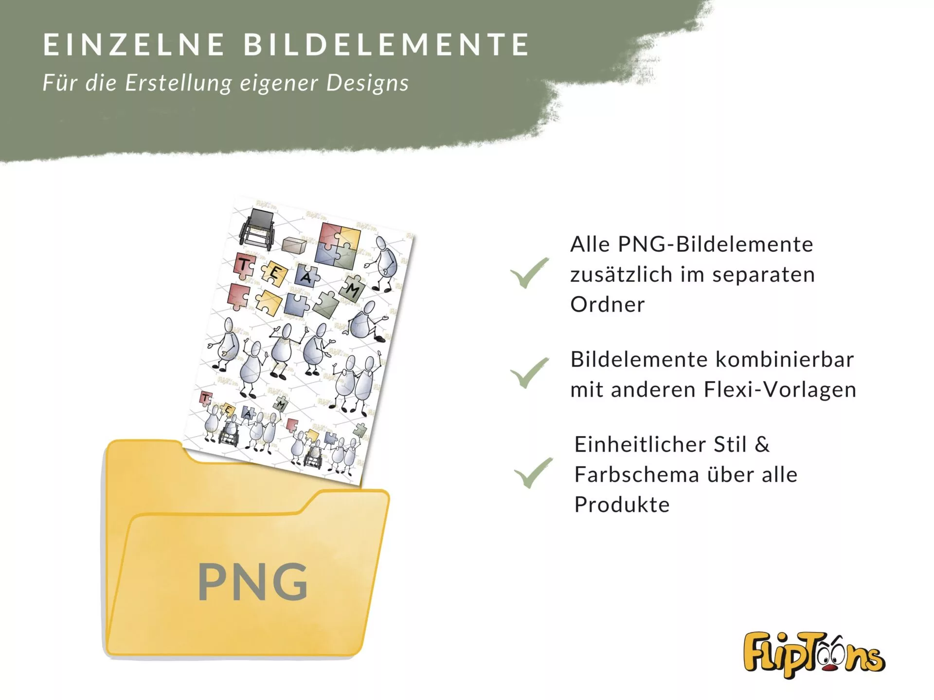 Gelber PNG-Ordner mit Blatt voller gezeichneter Charaktere und Puzzleteile, daneben Checkmarks zu Bildgestaltung und Kompatibilität