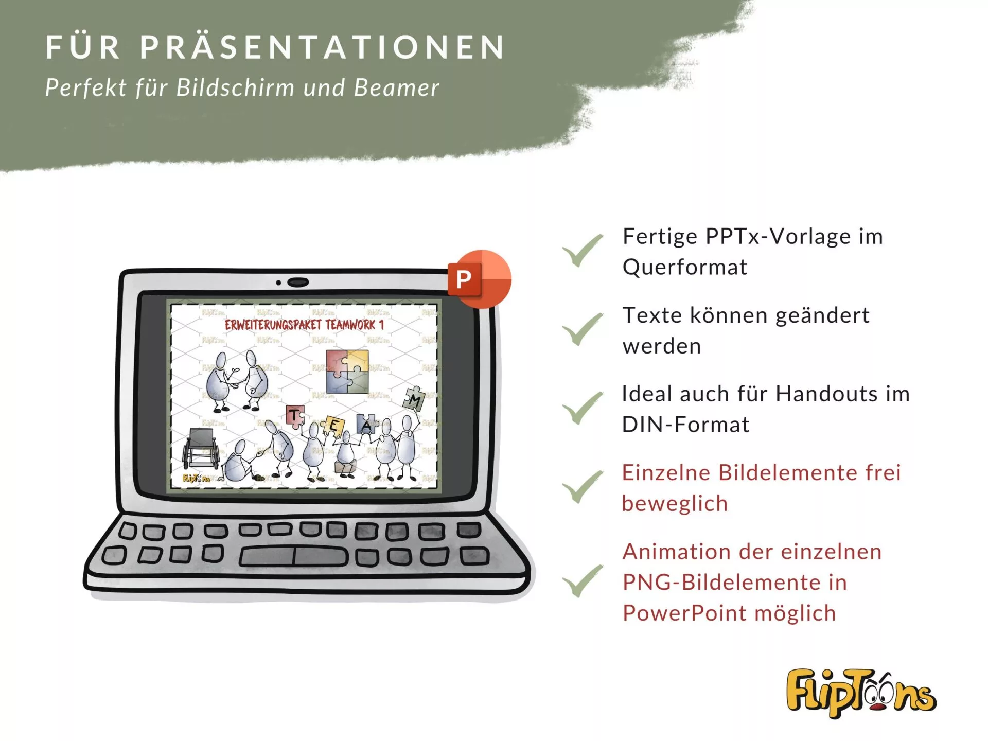 PowerPoint-Vorlage für Präsentationen mit Cartoon-Figuren, zeigt Laptop und Funktionen für Bildschirm und Beamer