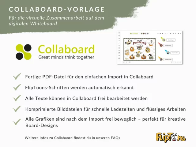 Collaboard-Vorlage für virtuelle Zusammenarbeit mit Halloween-Kürbis-Grafiken und Produktmerkmalen