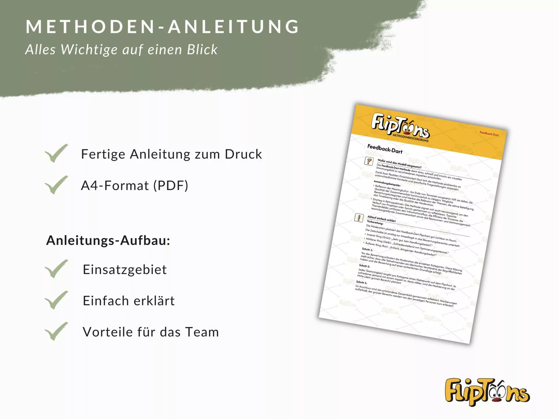 Methoden-Anleitung Übersicht: Fertige PDF-Anleitung im A4-Format mit Einsatzgebiet, einfacher Erklärung und Team-Vorteilen.