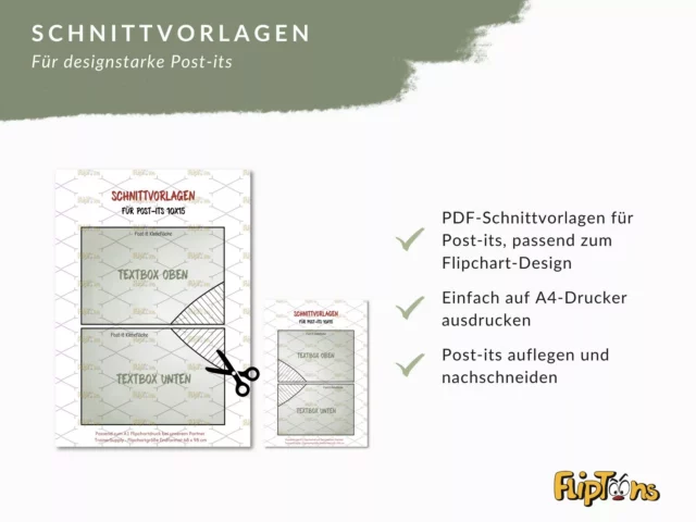 Schnittvorlagen für Post-its: PPTx-Vorlagen zum Ausdrucken und Zuschneiden auf A4-Drucker, passend zum Flipchart-Design.