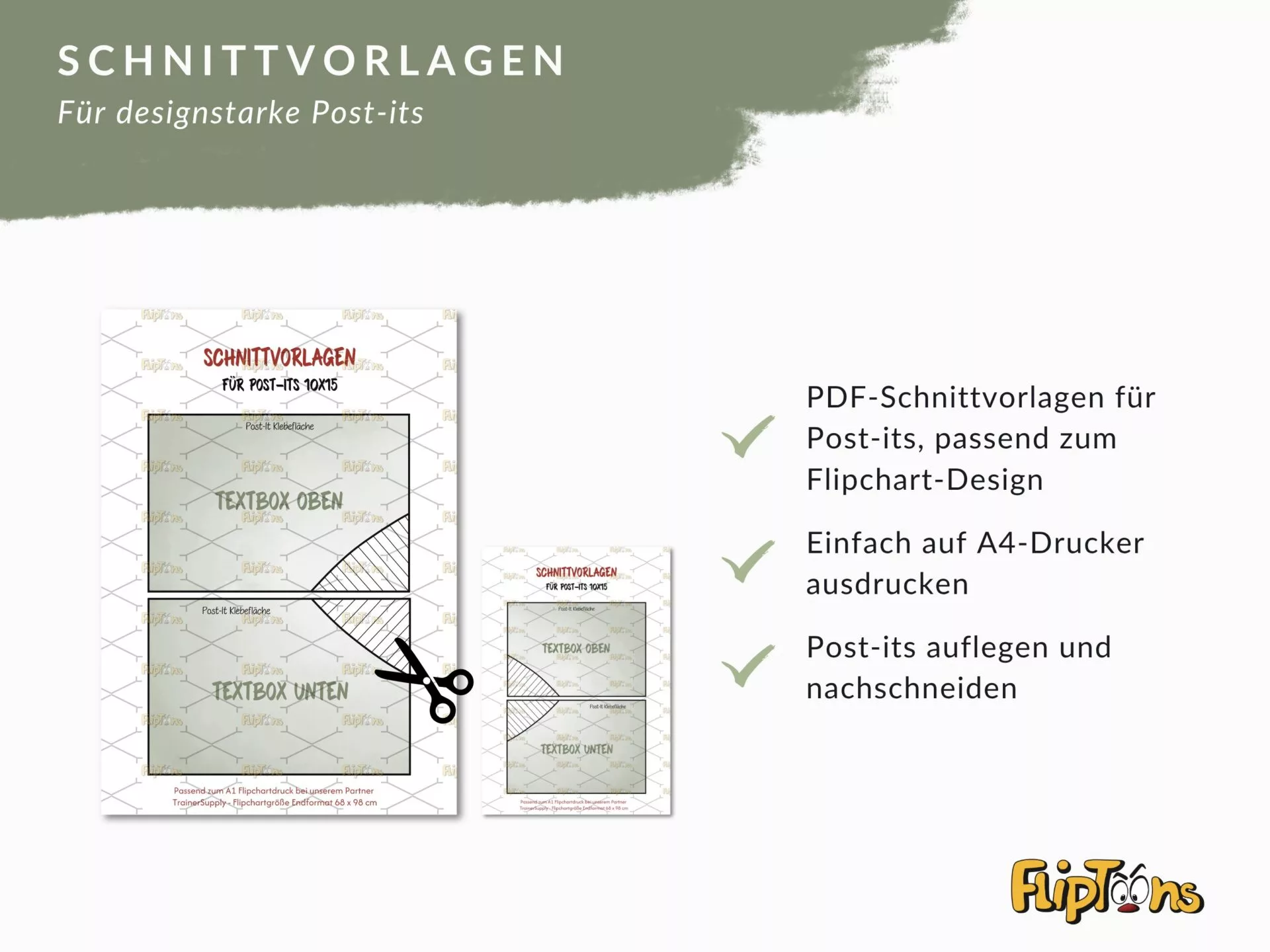 Schnittvorlagen für Post-its: PPTx-Vorlagen zum Ausdrucken und Zuschneiden auf A4-Drucker, passend zum Flipchart-Design.