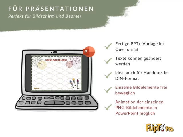 PowerPoint-Vorlage für Präsentationen, mit Laptop, Hintergrunddesign und Funktionsliste für Bildschirm und Beamer