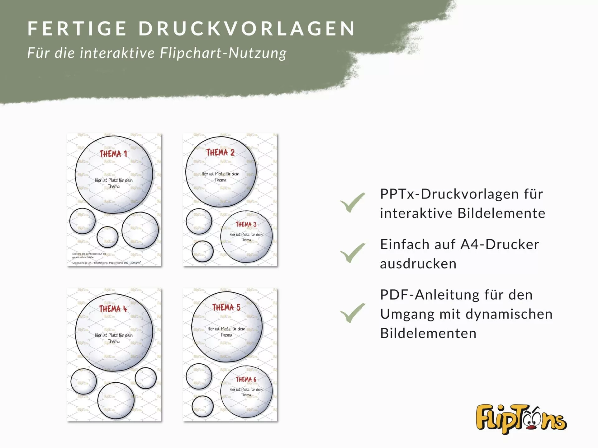 Fertige Druckvorlagen für interaktive Flipcharts mit Themen-Kreisen, PDF-Anleitung und A4-Druckoptionen von FlipToons