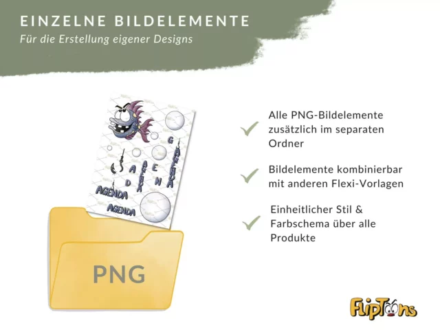 Gelber PNG-Ordner mit FlipToons Logo, Beispiel-Agenda-Design und Vorteilen wie einheitlichem Stil und separierten Bildelementen
