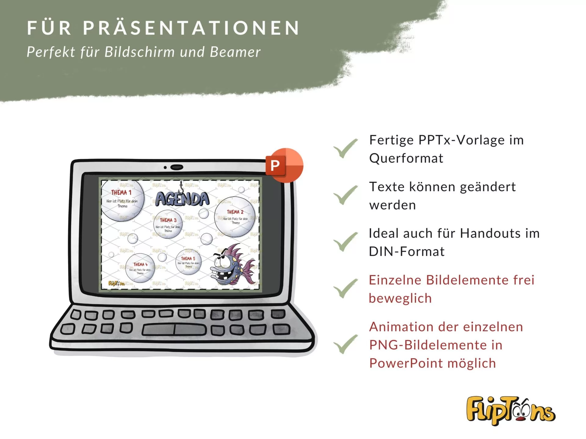 PowerPoint-Vorlage mit Agenda und Themen auf einem Laptop-Bildschirm, mit Funktionen für Präsentationen und Handouts