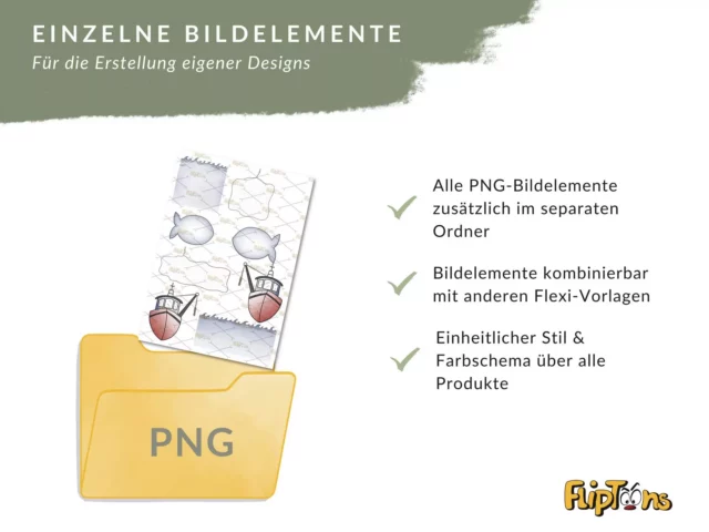 Gelber PNG-Ordner mit Fischerboot-Illustrationen und Checkliste für Design-Elemente von FlipToons