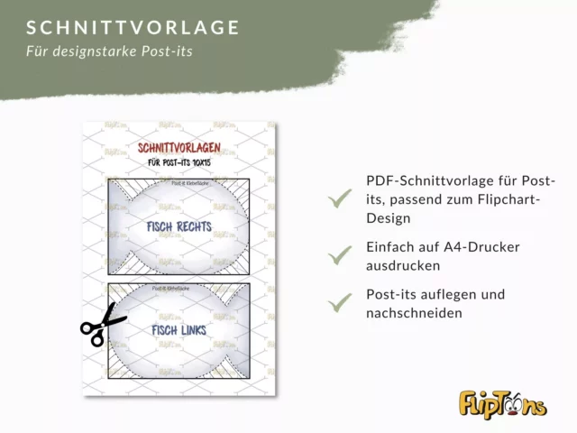 Schnittvorlage für Post-its 10x15 cm mit Anleitungen zum Ausdrucken und Zuschneiden, Fisch rechts und links Design