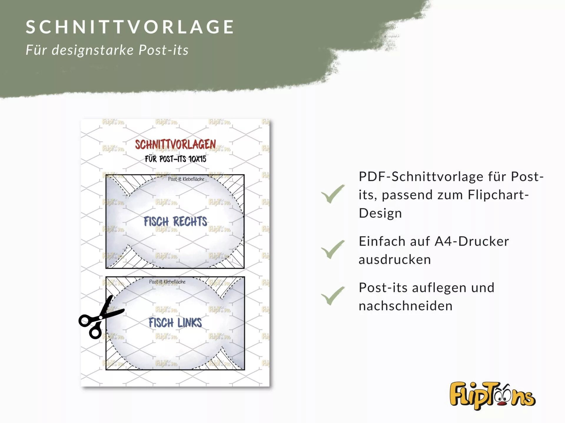 Schnittvorlage für Post-its 10x15 cm mit Anleitungen zum Ausdrucken und Zuschneiden, Fisch rechts und links Design