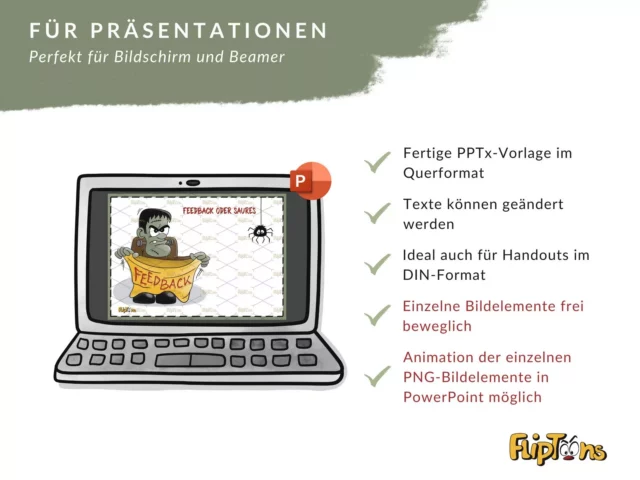 Laptop mit PowerPoint-Präsentation zeigt Feedback-Grafik. Auflistung von 5 Vorteilen für Präsentationen.