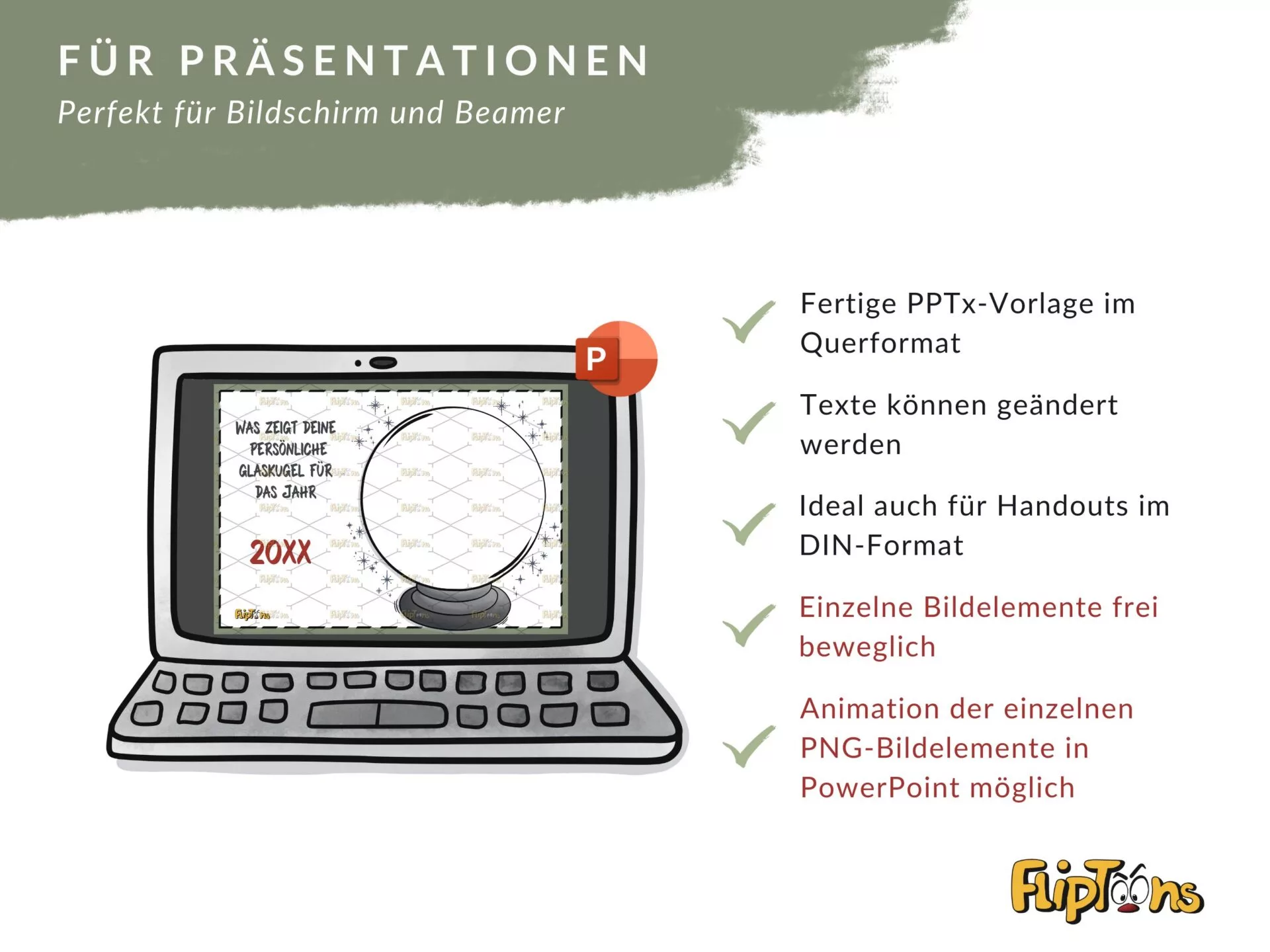 PowerPoint-Vorlage mit Laptop-Bildschirm, zeigt Präsentationsmerkmale und Vorteile für Bildschirm und Beamer