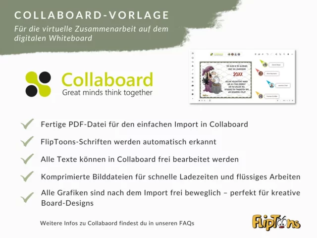 Collaboard-Vorlage für virtuelle Zusammenarbeit mit digitalen Whiteboard-Funktionen und FlipToons-Design