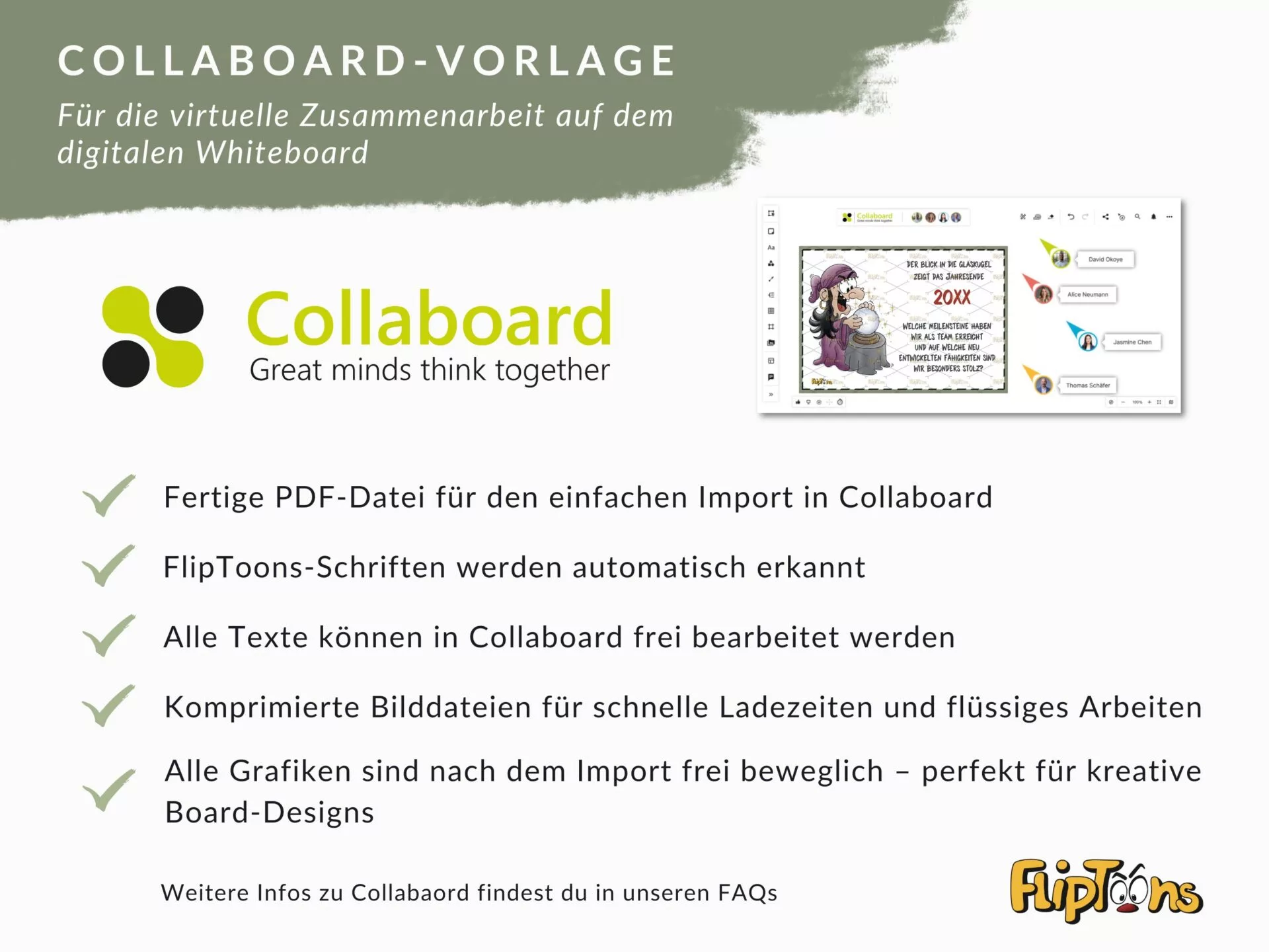 Collaboard-Vorlage für virtuelle Zusammenarbeit mit digitalen Whiteboard-Funktionen und FlipToons-Design