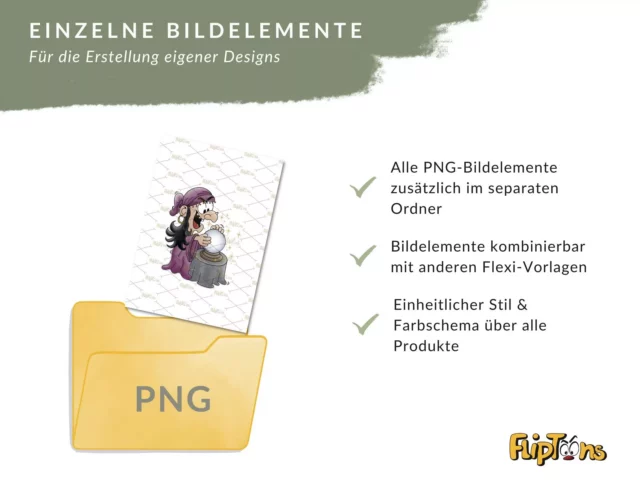 PNG-Bildordner mit Cartoon-Charakter, Eigenschaften von Design-Elementen für Flexi-Vorlagen aufgelistet