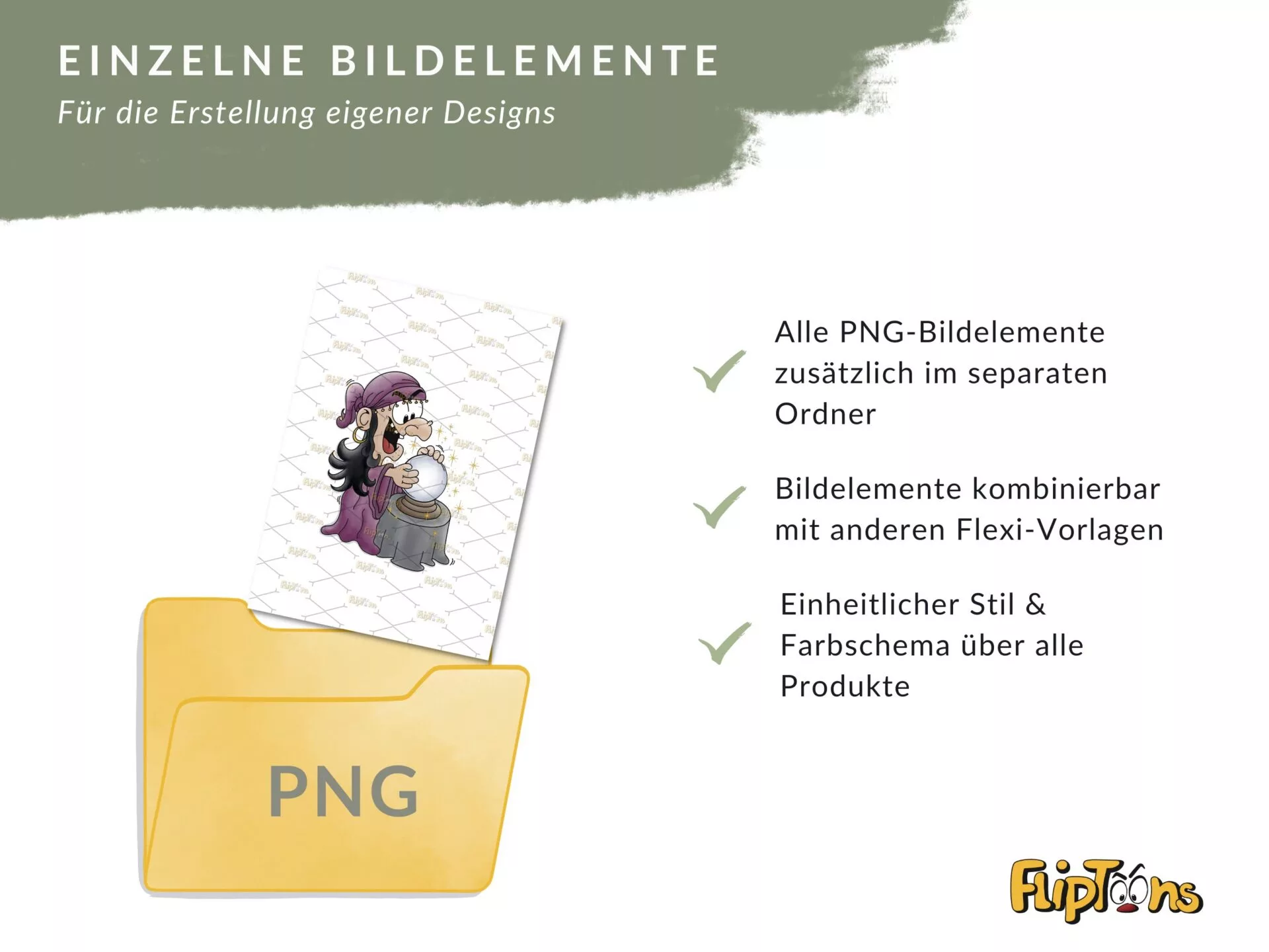PNG-Bildordner mit Cartoon-Charakter, Eigenschaften von Design-Elementen für Flexi-Vorlagen aufgelistet